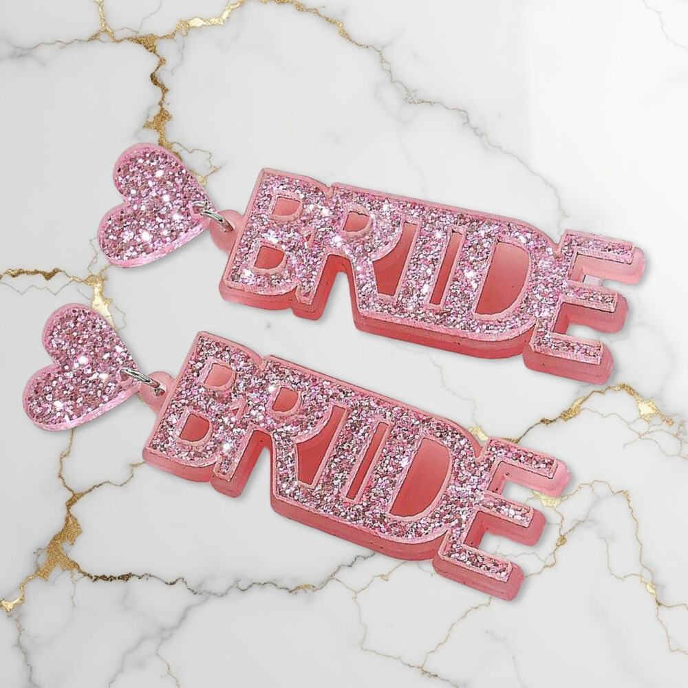 New "Bride" Pink Sparkle Bachelorette Wedding Party Dangle Earrings Hen